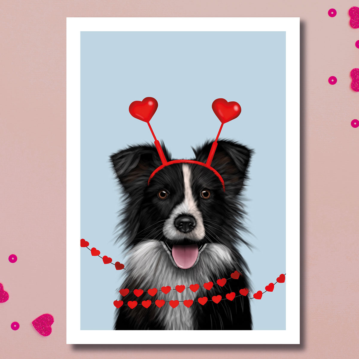 Border Collie with Hearts Card