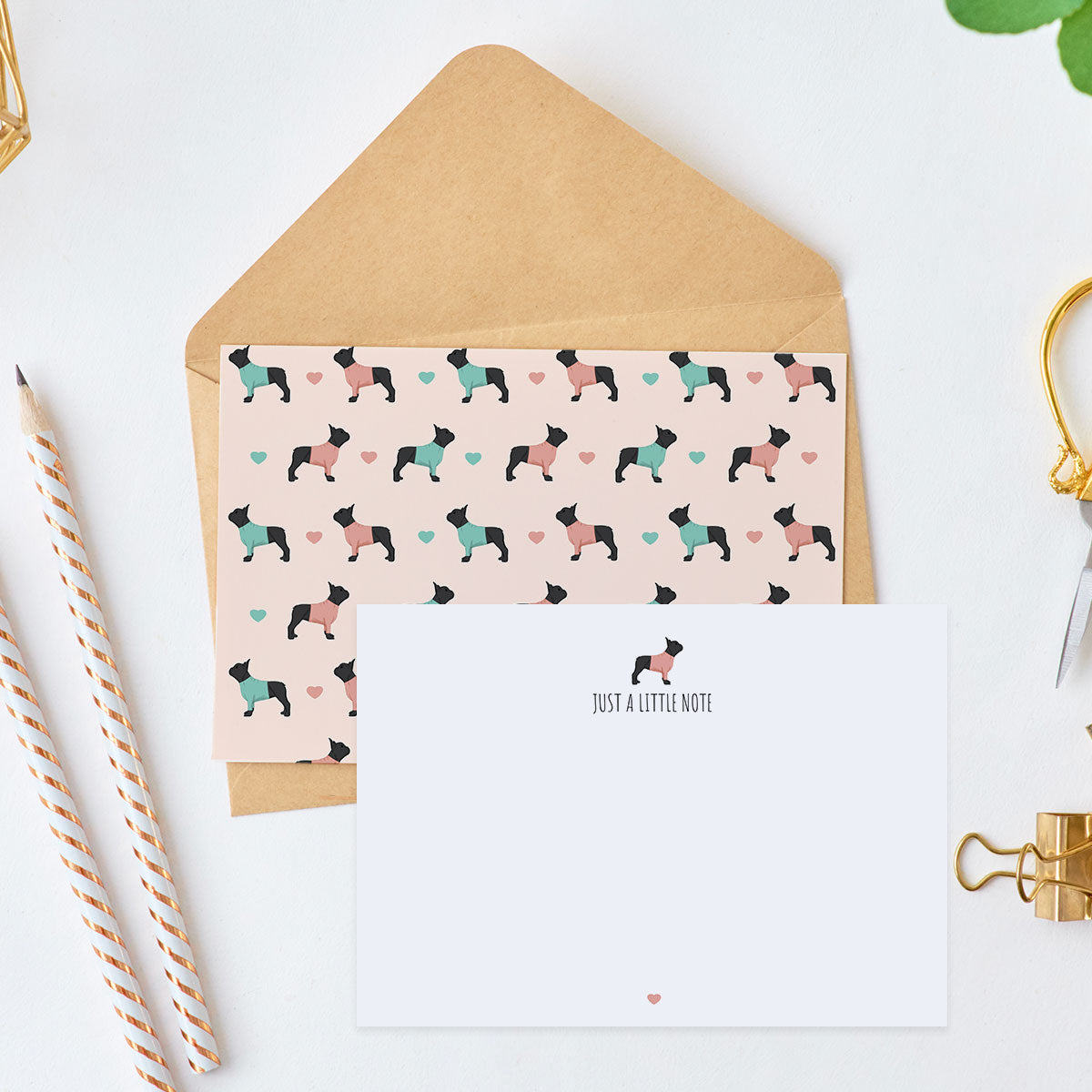 French Bulldogs and Hearts Notecard Set