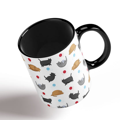 Cute Fat Cats pattern separated by balls of wool. Black Handle and interior.